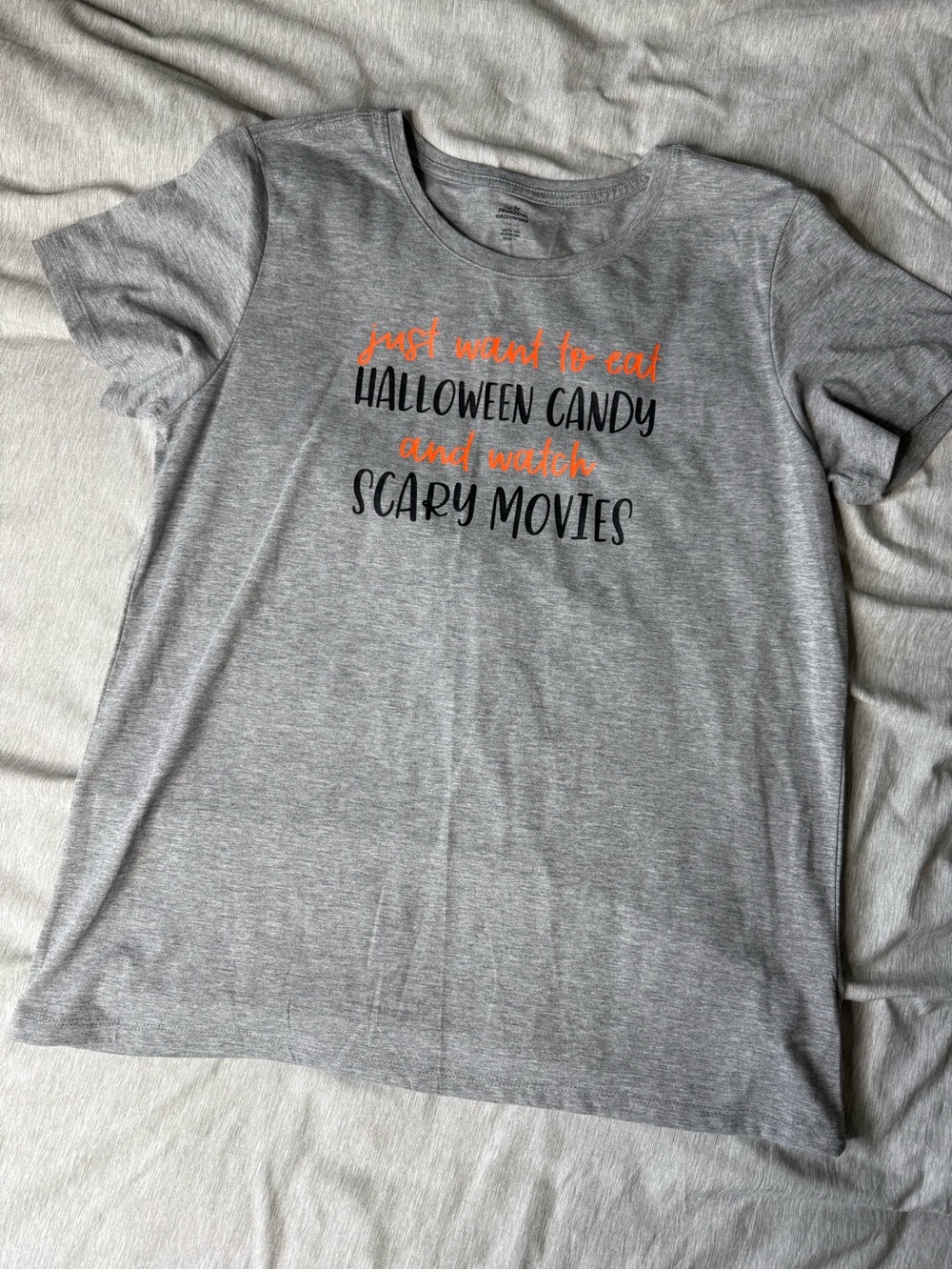 Womens Gray Halloween Candy Graphic Tee - Orange & Black Print